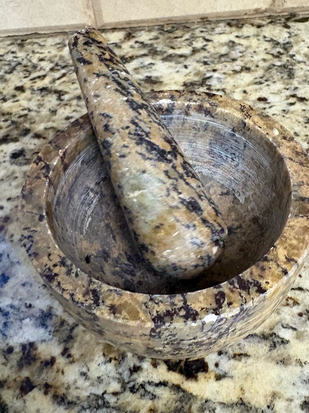 Stone Mortar and Pestle in Beige and Brown